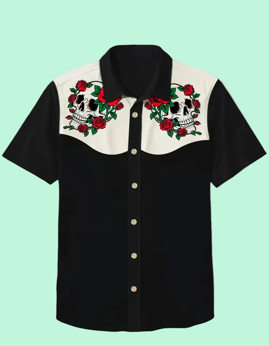 Black shirt with white collar featuring skull and rose designs on a mint background