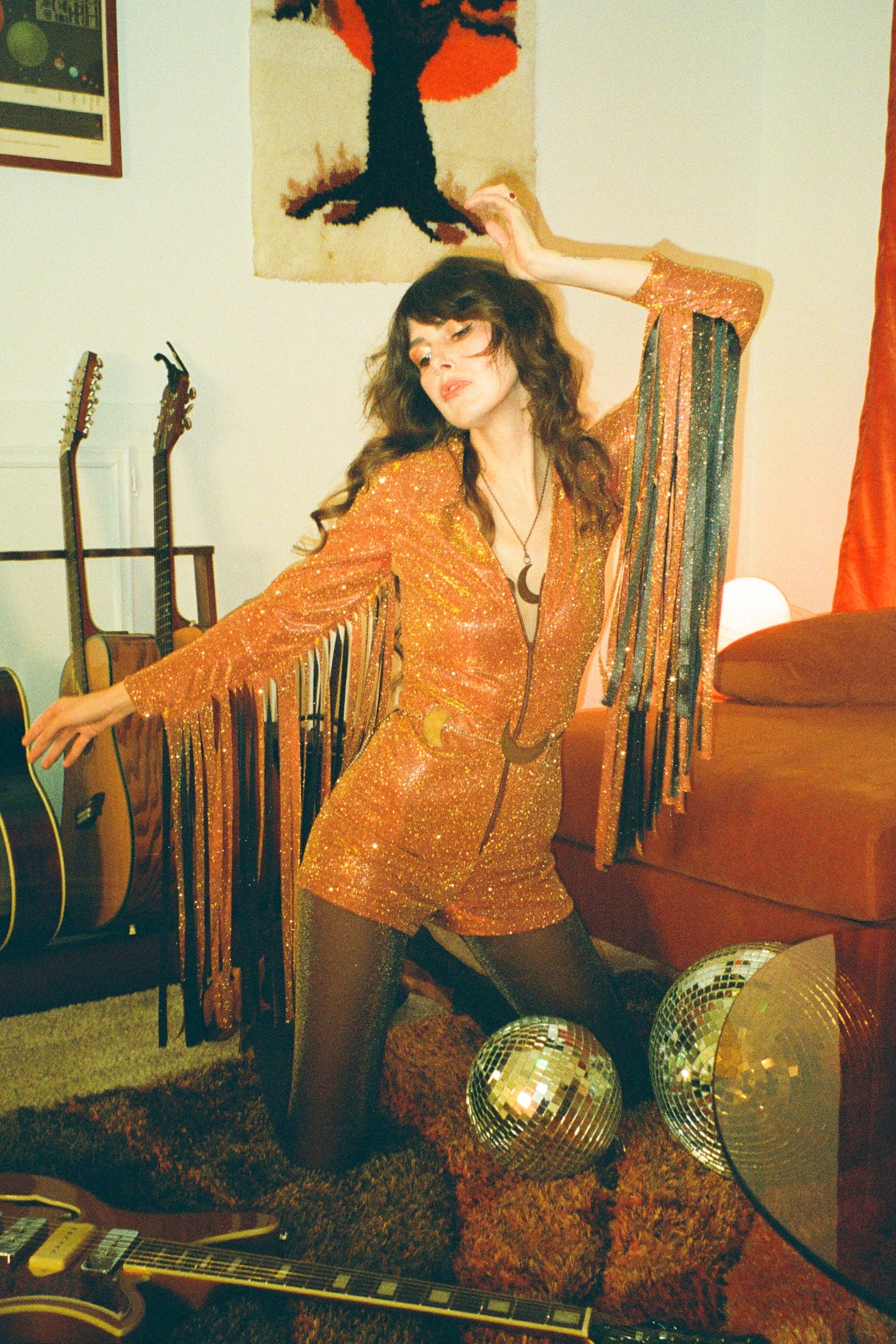 Glitter Fringe Romper in Golden Orange