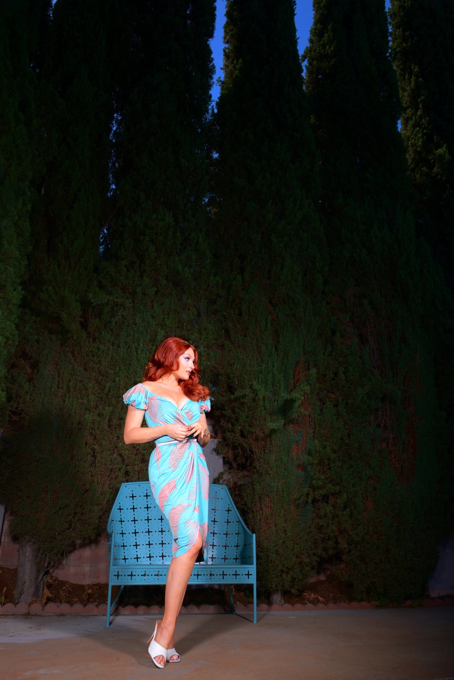 Michaela Wiggle Dress in Aqua Palm Print | Laura Byrnes & Hope Johnstun