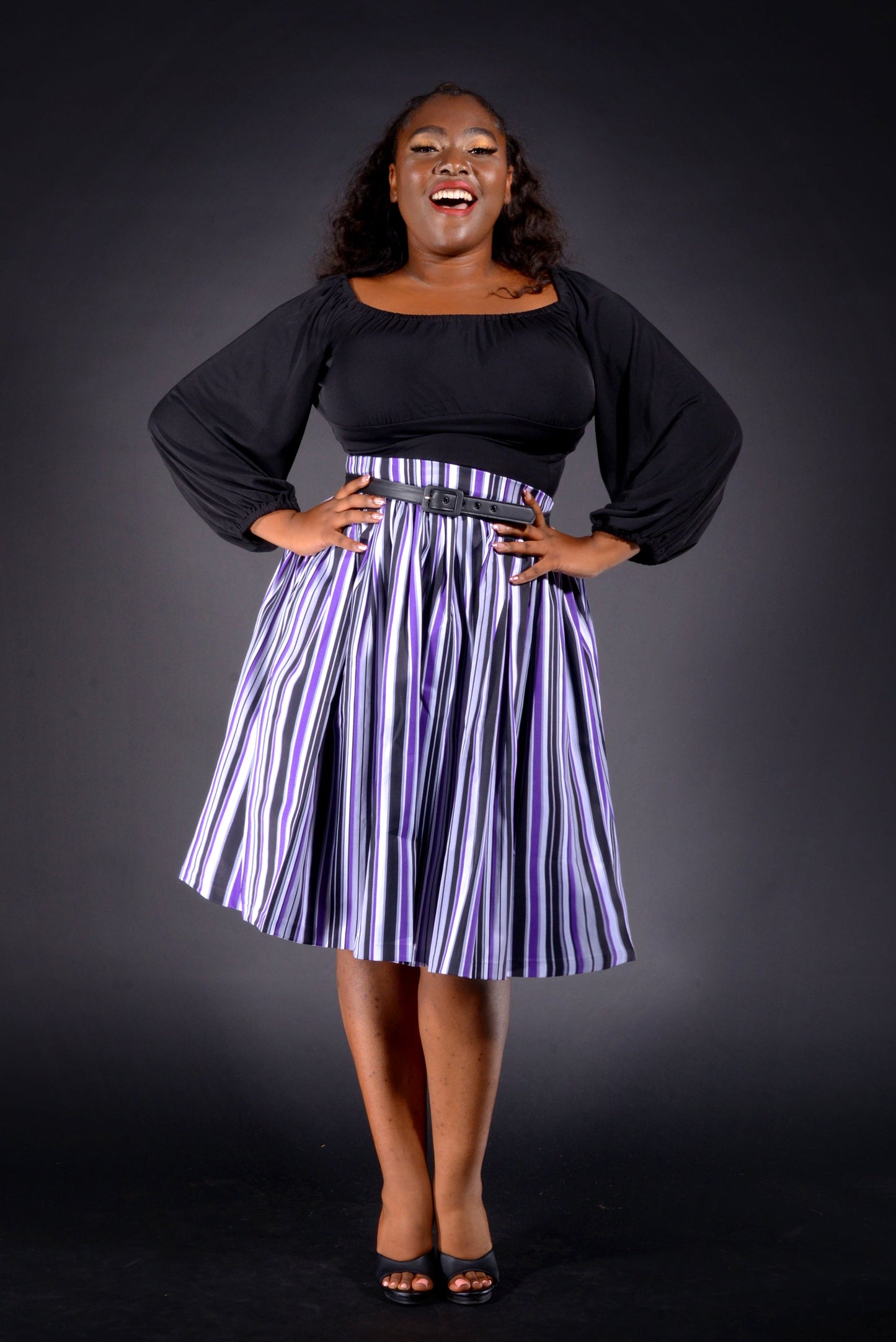 Bella Vintage Gathered Swing Skirt in Solstice Stripe Cotton Sateen | Pinup Couture