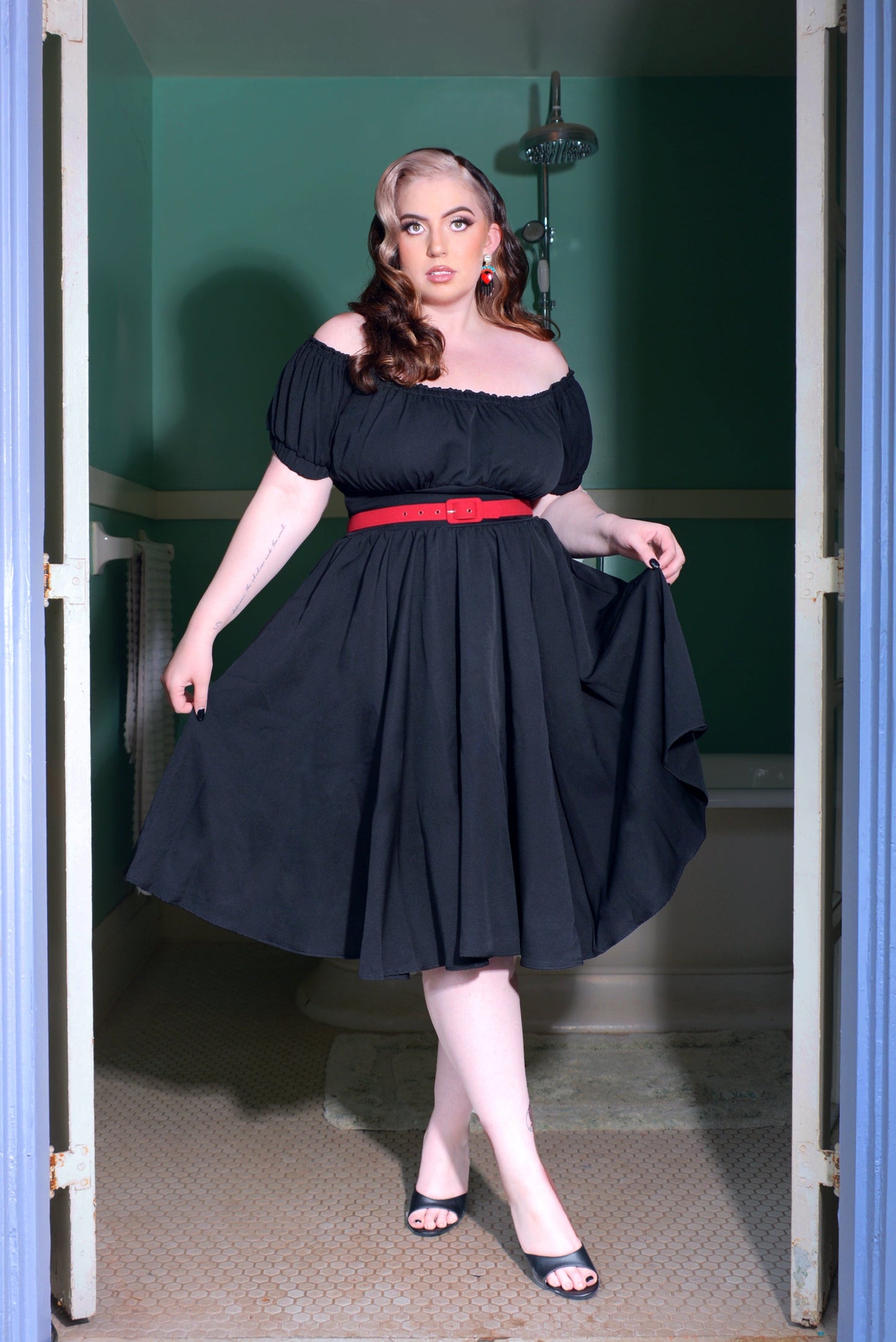 Marie-Therese Peasant Dress with Short Sleeves in Black Poly Crepe