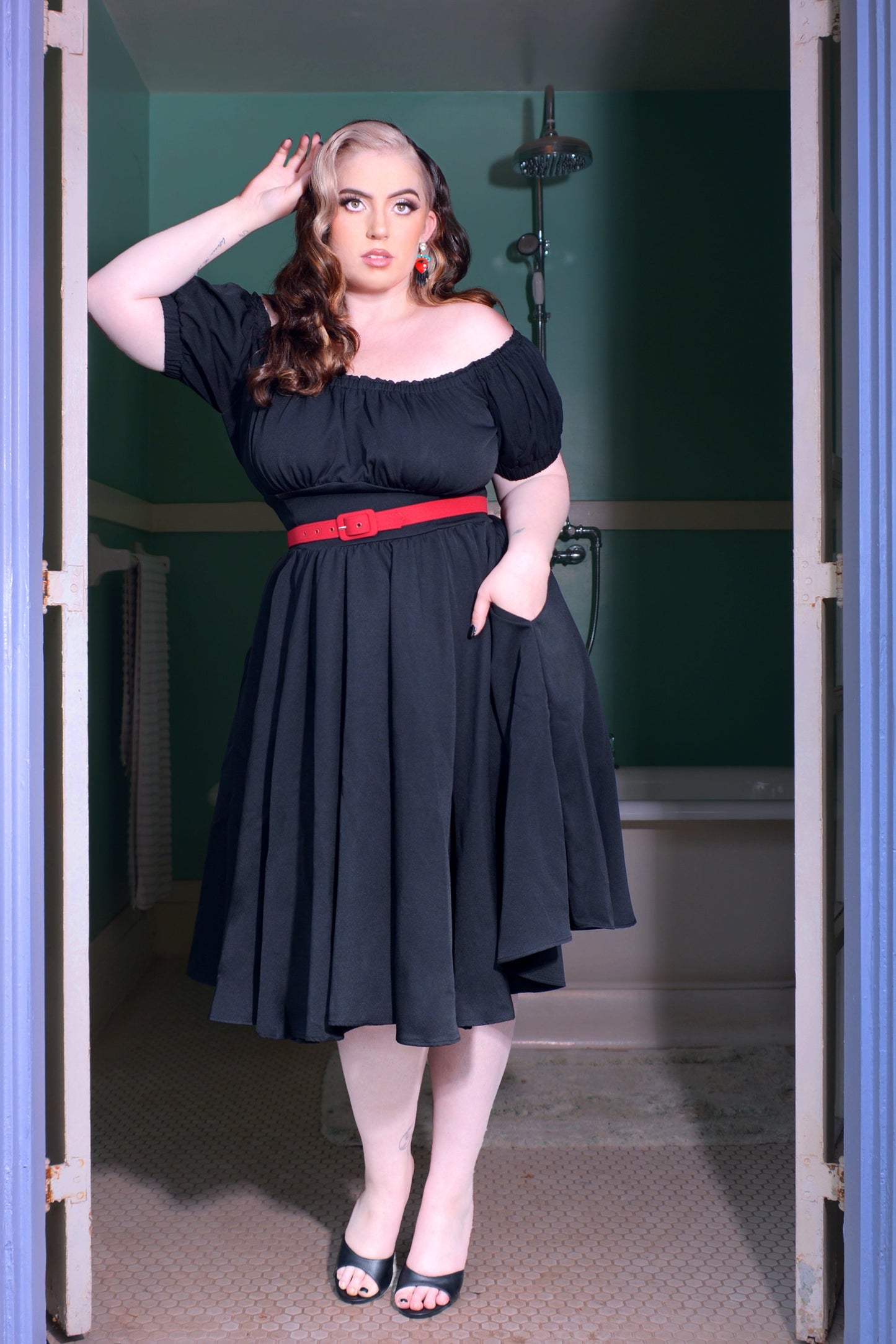 Marie-Therese Peasant Dress with Short Sleeves in Black Poly Crepe
