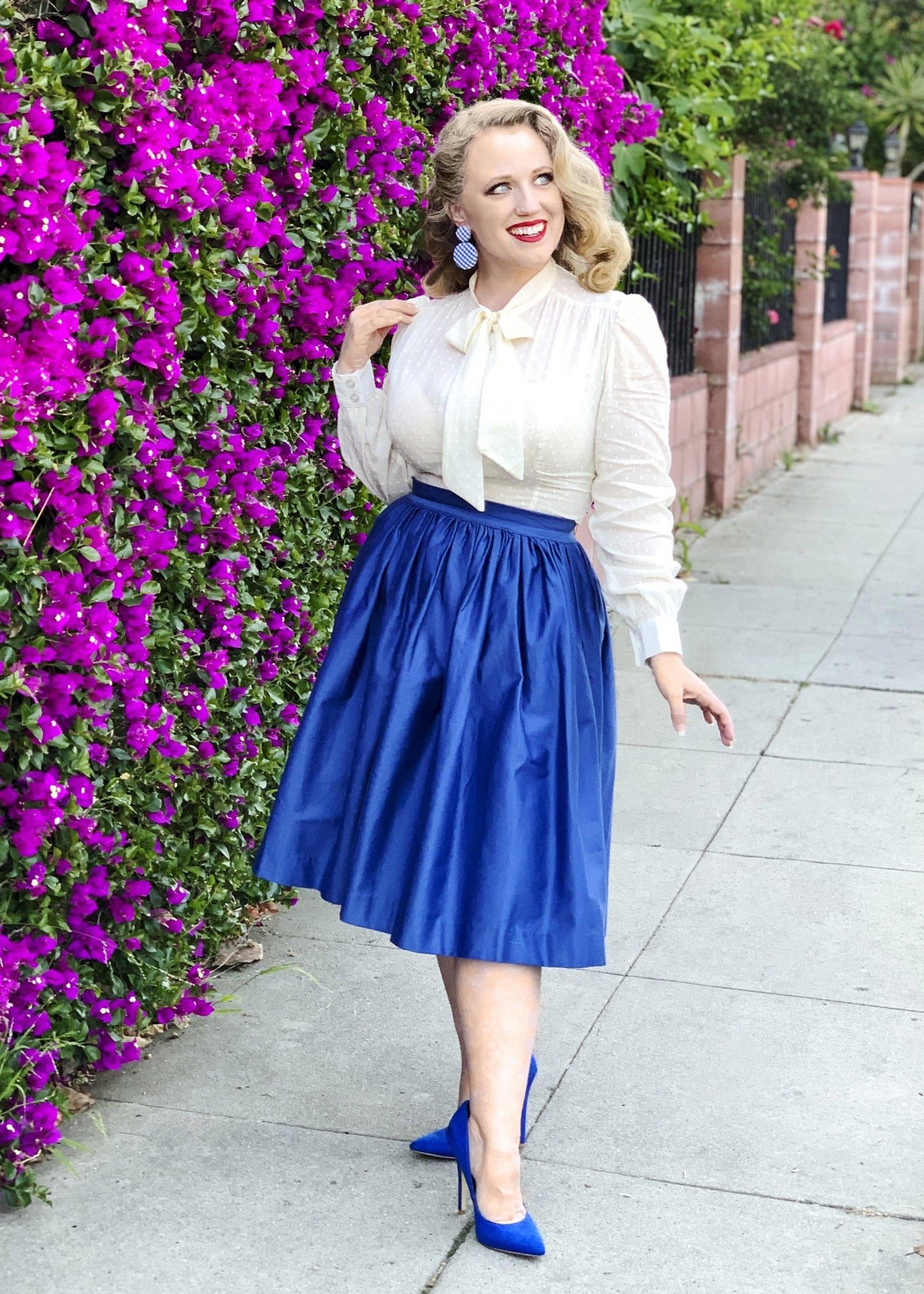 Bella Vintage Gathered Swing Skirt with Pockets in Solid Royal Blue Sateen | Pinup Couture