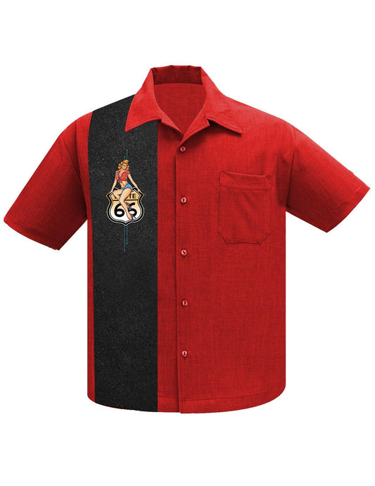 Red and black rockabilly bowling shirt on a white background by Steady Clothing at Hollyville in South Milwaukee