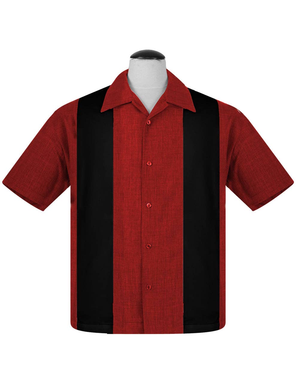 Red and black striped shirt on a mannequin against a white background 