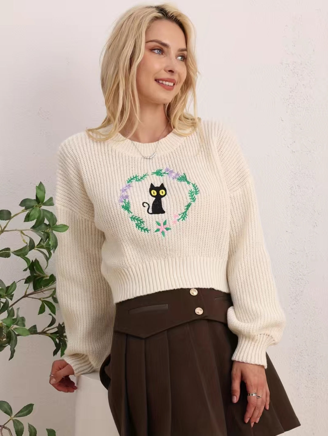 Black Cat Embroidered Sweater