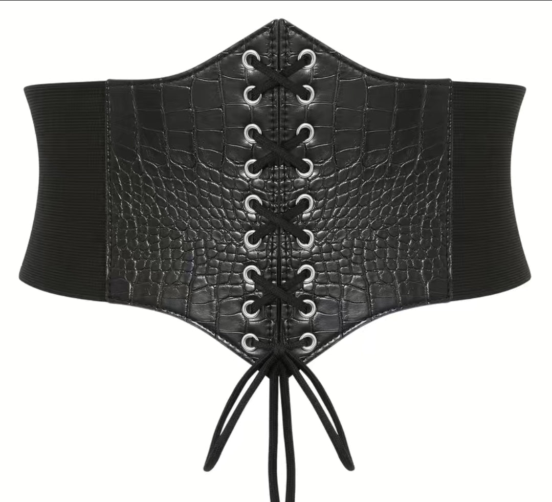Black Crocodile Print Elastic Waist Corset Belt