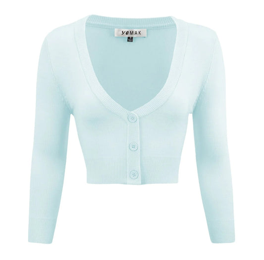 Women's Cropped Bolero 3/4 Sleeve Cardigan Sweater in Light Blue by MAK