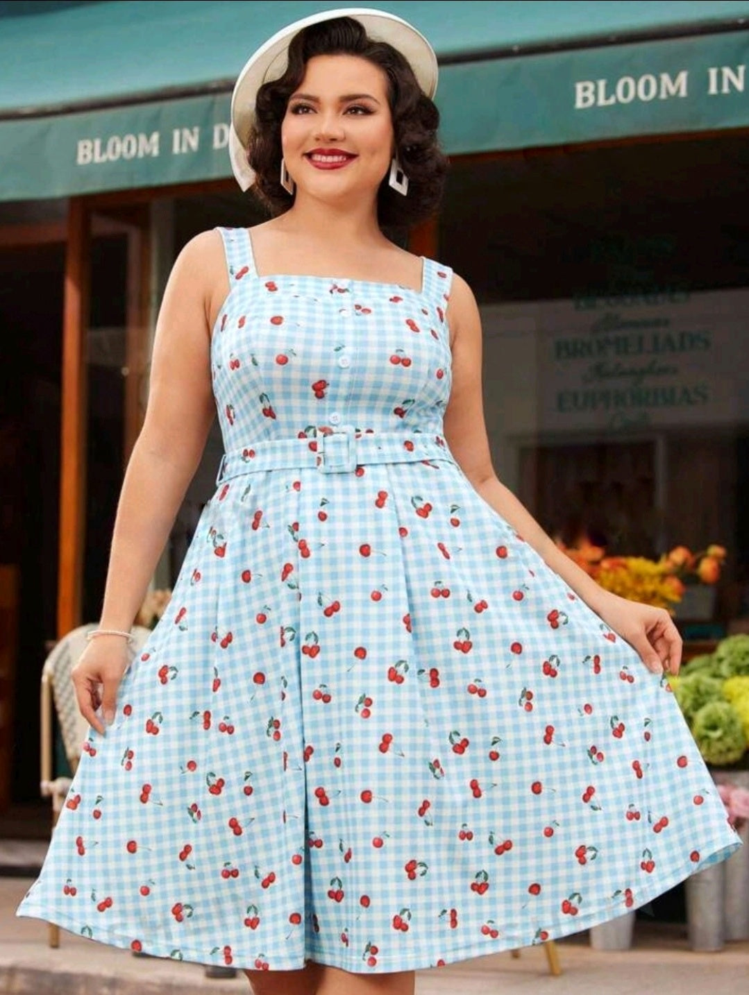 Gingham Cherry Print Swing Dress