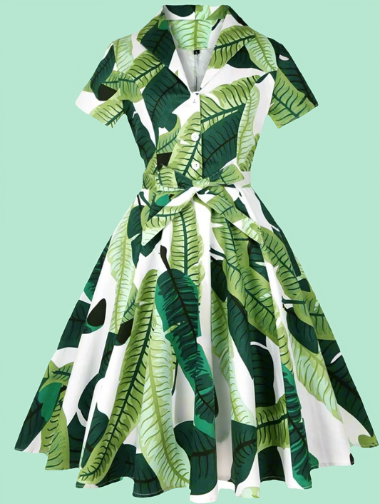 Vintage inspired pinup tropical tiki palm leaf print swing dress