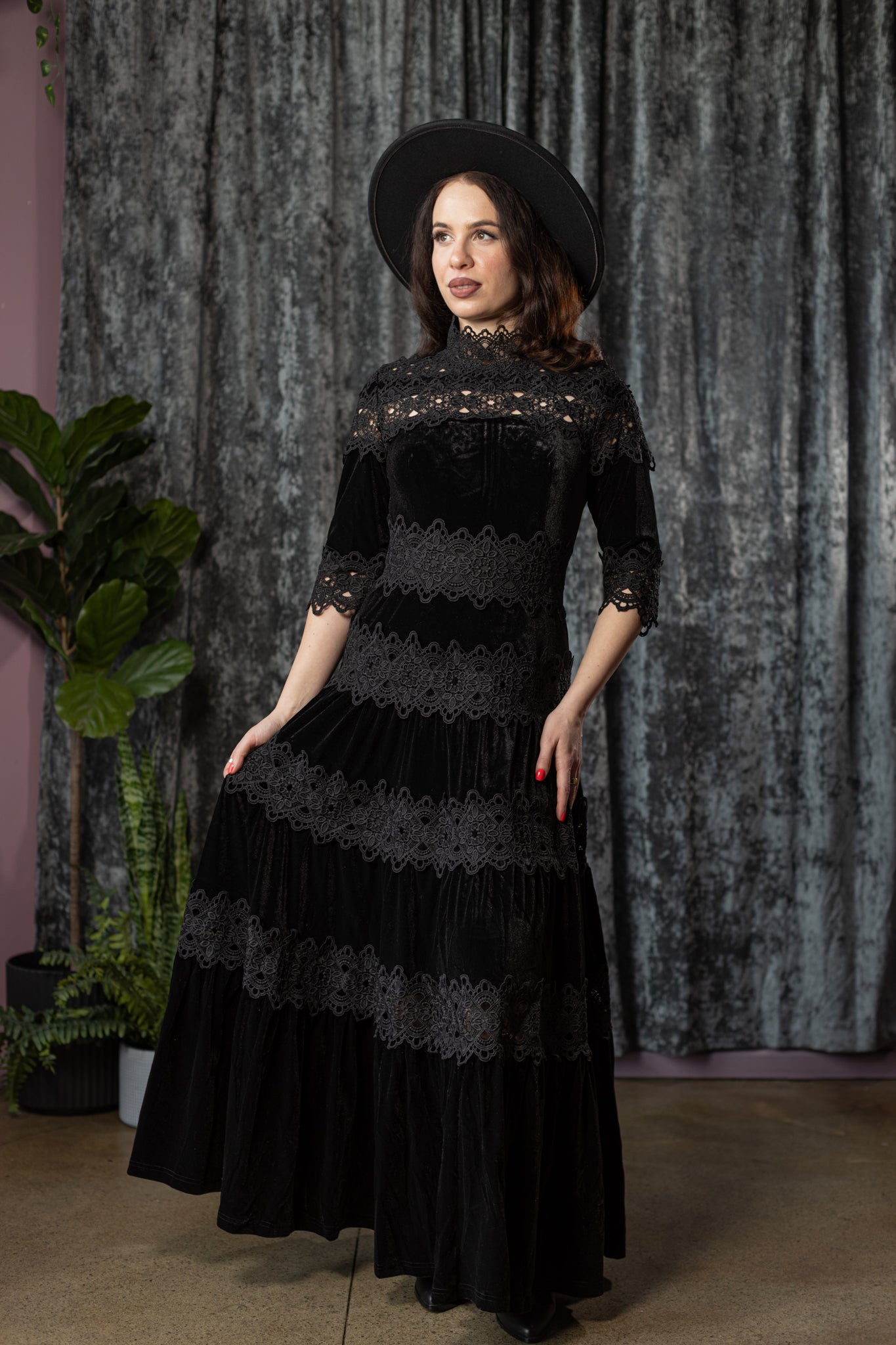 ELOWYN - Velvet and lace tiered maxi dress