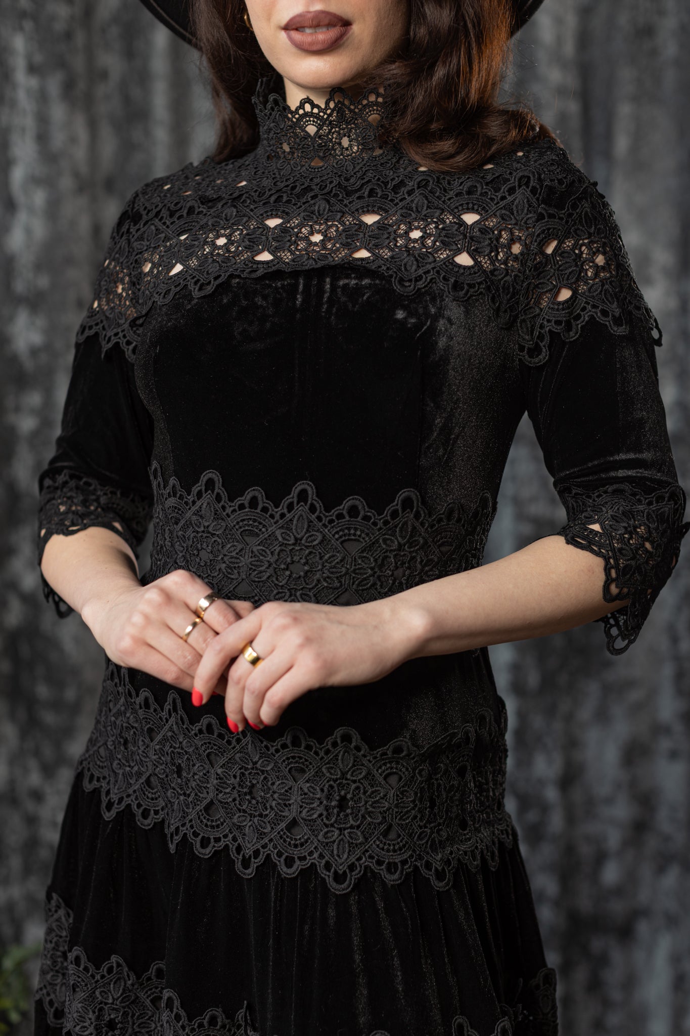 ELOWYN - Velvet and lace tiered maxi dress