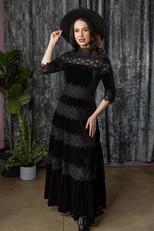 ELOWYN - Velvet and lace tiered maxi dress - READY TO SHIP