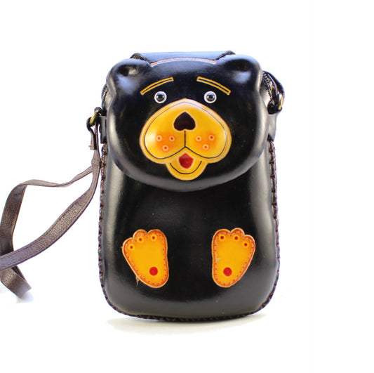 Sunflower Handmade leather inc - Leather Black Bear Rectangle Purse handbag purse Crossbody