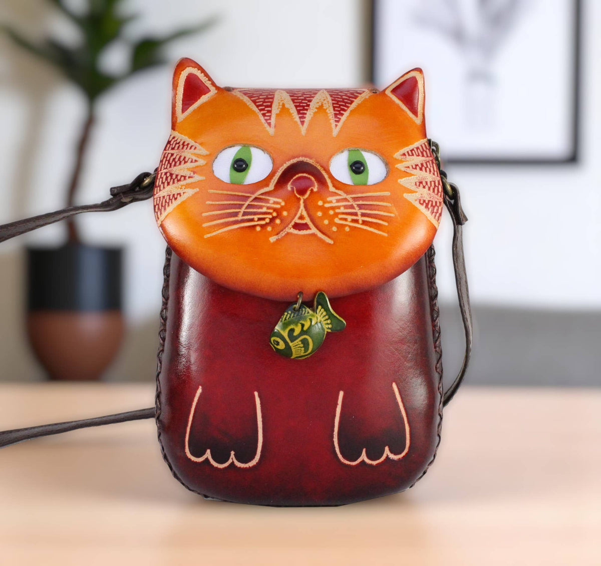 Sunflower Handmade leather inc - Leather Cat With Fish Pouch purse handbag crossbody