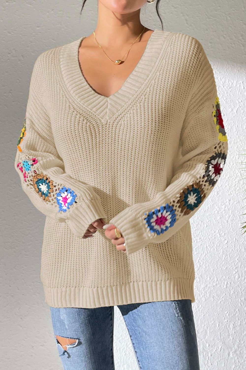 Crochet Flower V-Neck Sweater in Tan