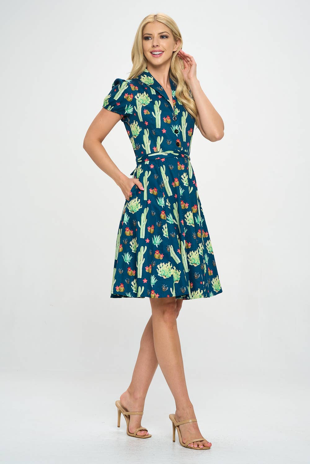LA Soul - Retro Cactus Fit and Flare Dress: XL