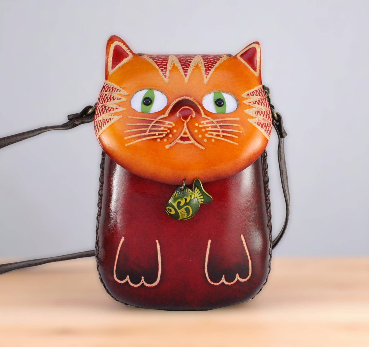 Sunflower Handmade leather inc - Leather Cat With Fish Pouch purse handbag crossbody