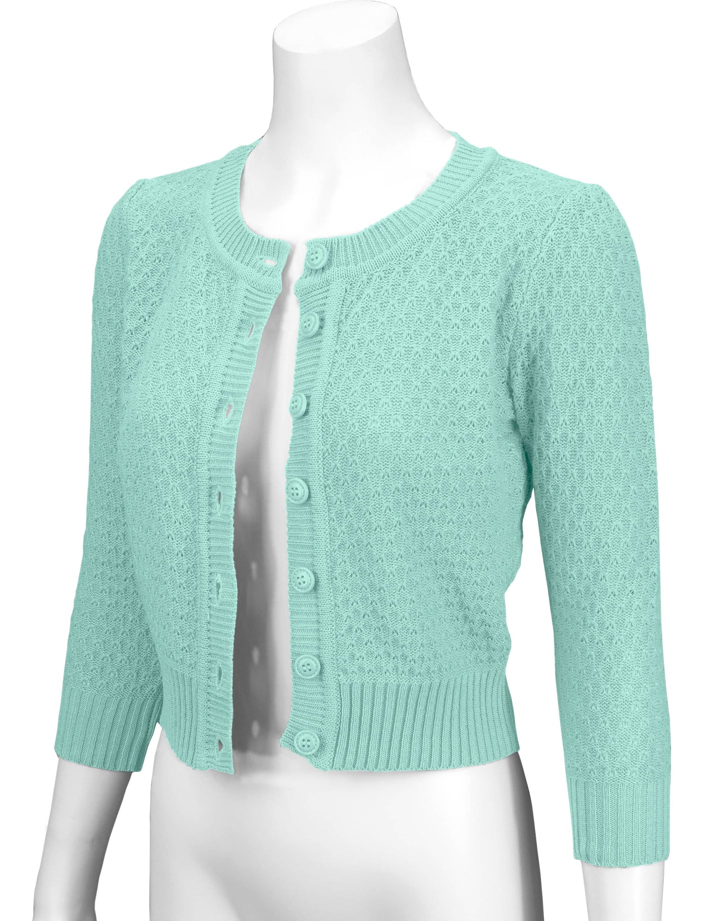 Mak - 3/4 Sleeve Crewneck Knit Cropped Cardigan Sweater MK3514: OATMEAL / M