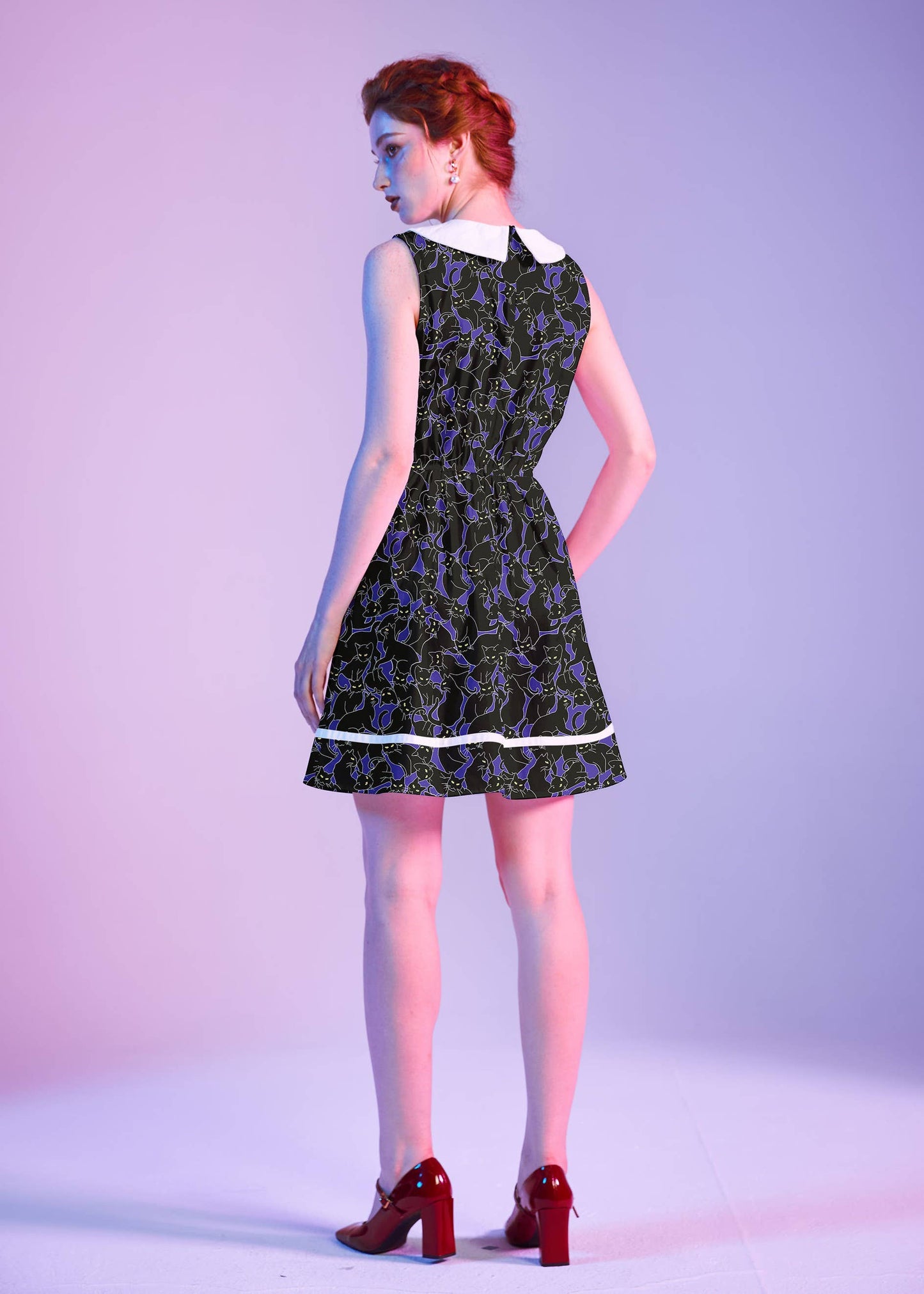 Retrolicious - Glow in the Dark Cats Collared Dress: XL