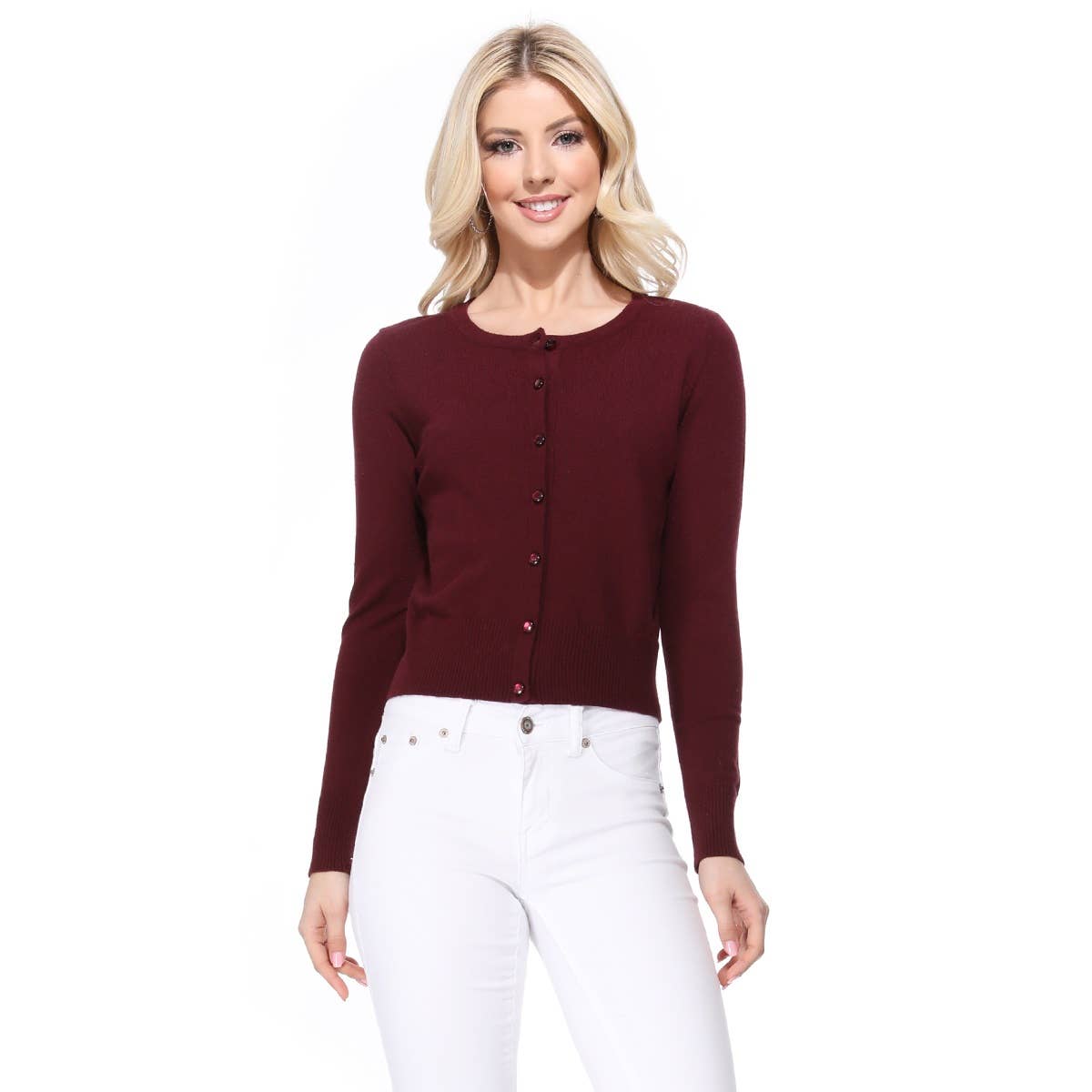 Mak - Long Sleeve Crewneck Cropped Cardigan Sweater MK5502: RED / S