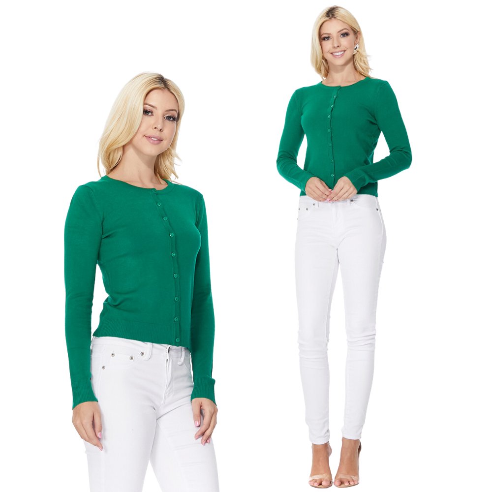 Mak - Women's Long Sleeve Crewneck Knit Cardigan Sweater MK0179: WHITE / M