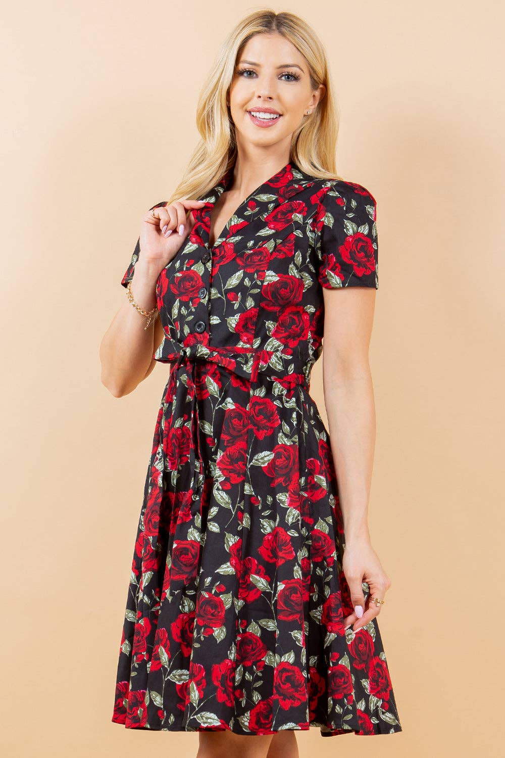 Retro Rose Print Fit & Flare Dress by LA Soul