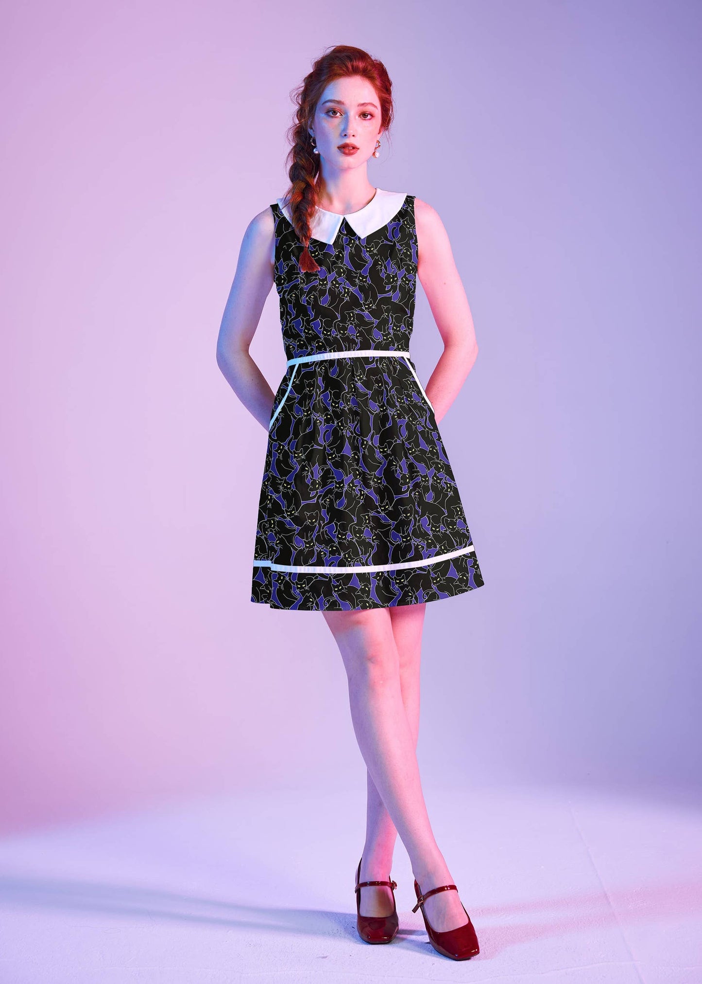 Retrolicious - Glow in the Dark Cats Collared Dress: S