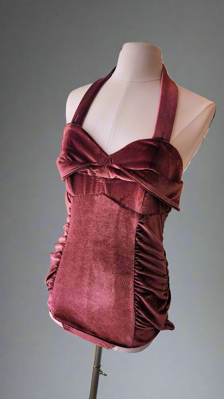 Dusty Rose Velvet Ruched 1950's Marilyn Inspired Pinup Swimsuit