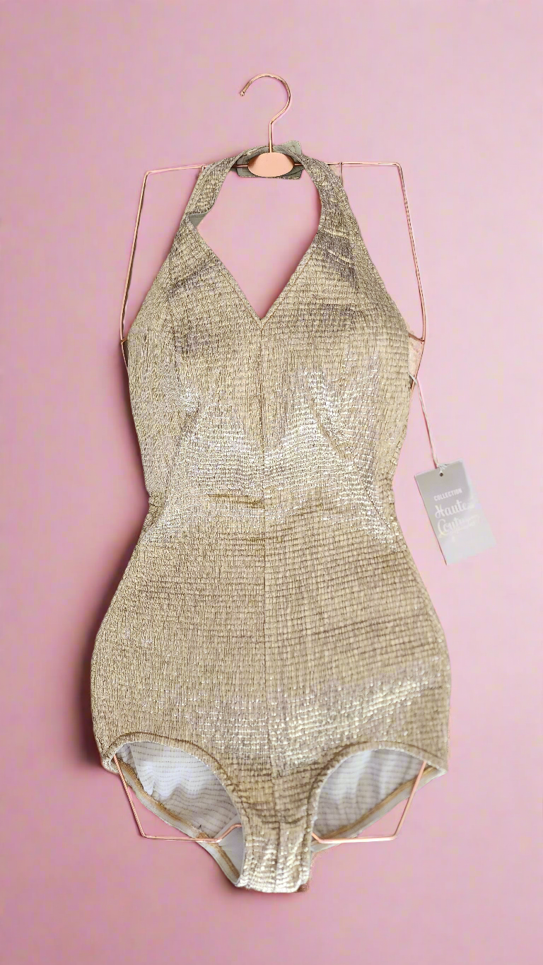 Rare Haute Couture Collection True Vintage 1950's Deadstock Gold Lamé Swimsuit Small