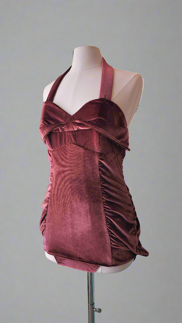 Dusty Rose Velvet Ruched 1950's Marilyn Inspired Pinup Swimsuit