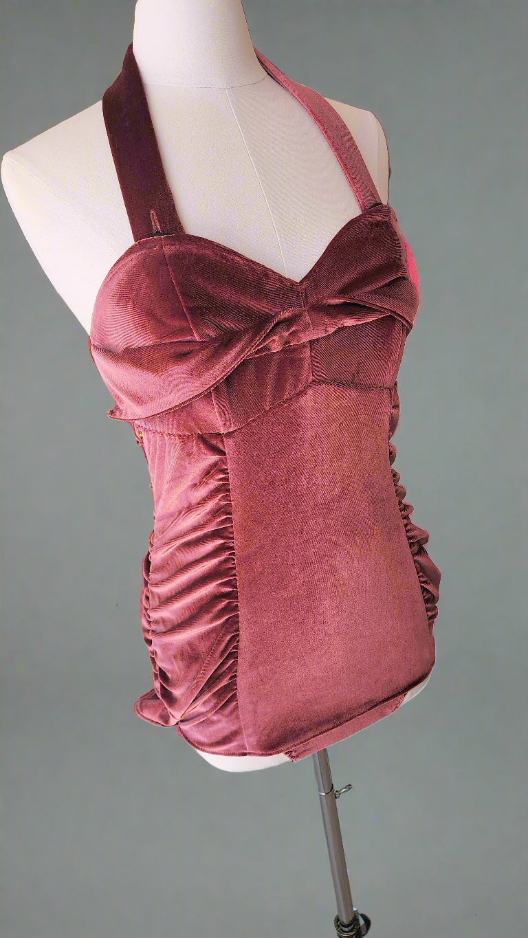 Dusty Rose Velvet Ruched 1950's Marilyn Inspired Pinup Swimsuit