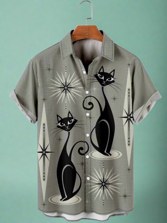 Midcentury Atomic Cat Print Button Up Shirt