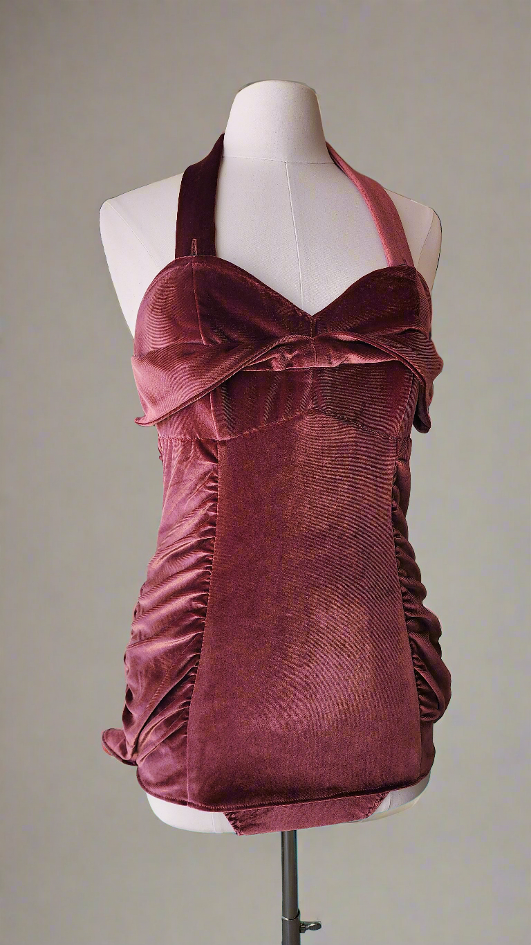 Dusty Rose Velvet Ruched 1950's Marilyn Inspired Pinup Swimsuit