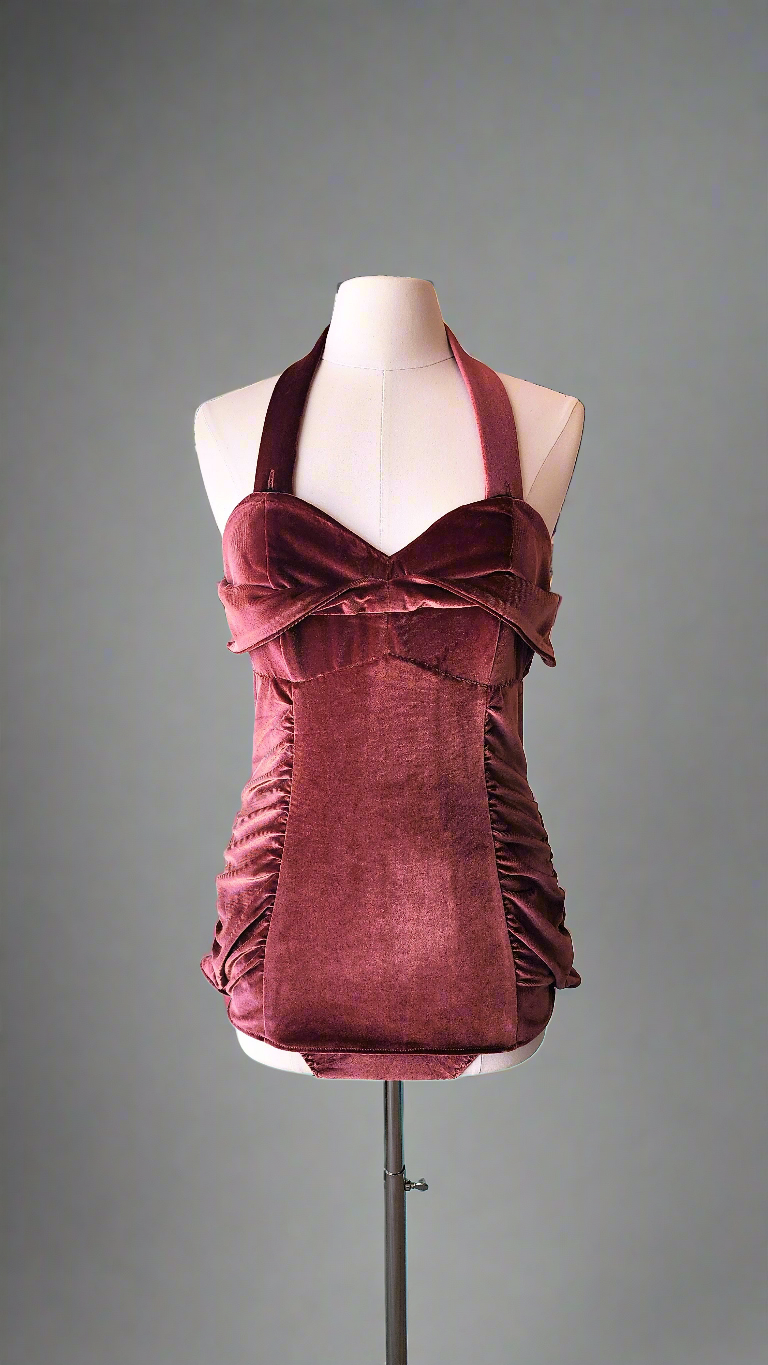 Dusty Rose Velvet Ruched 1950's Marilyn Inspired Pinup Swimsuit