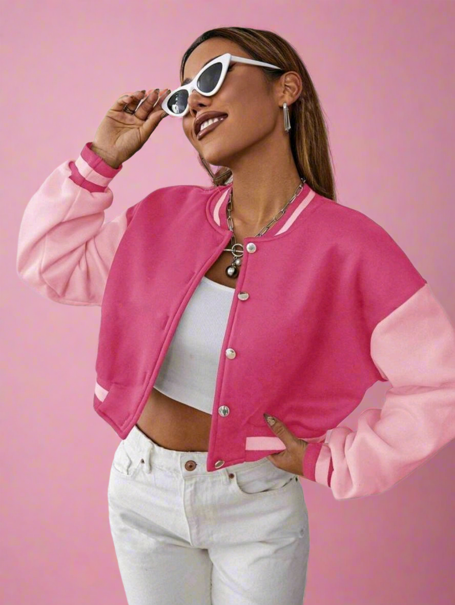 Cropped Varsity Jacket in Hot Pink