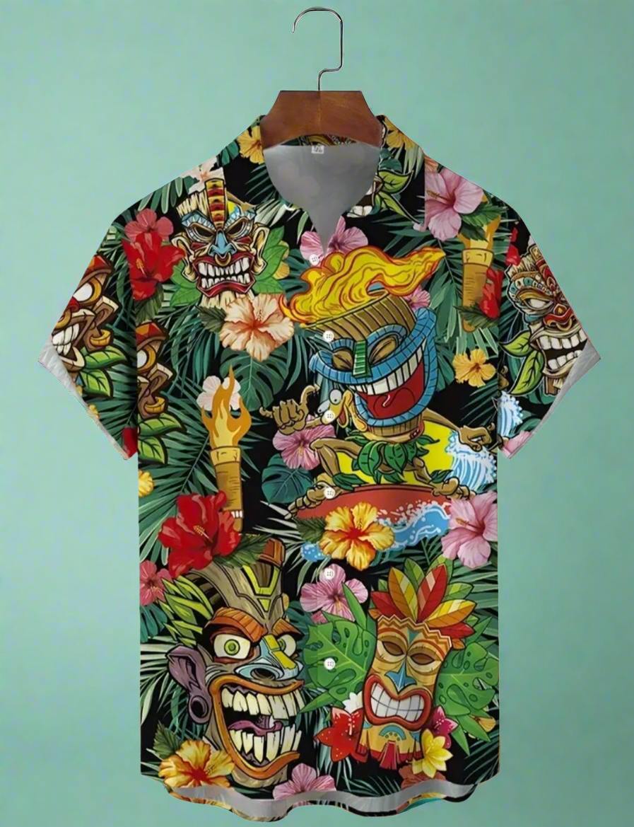 Tiki Print Button Up Shirt