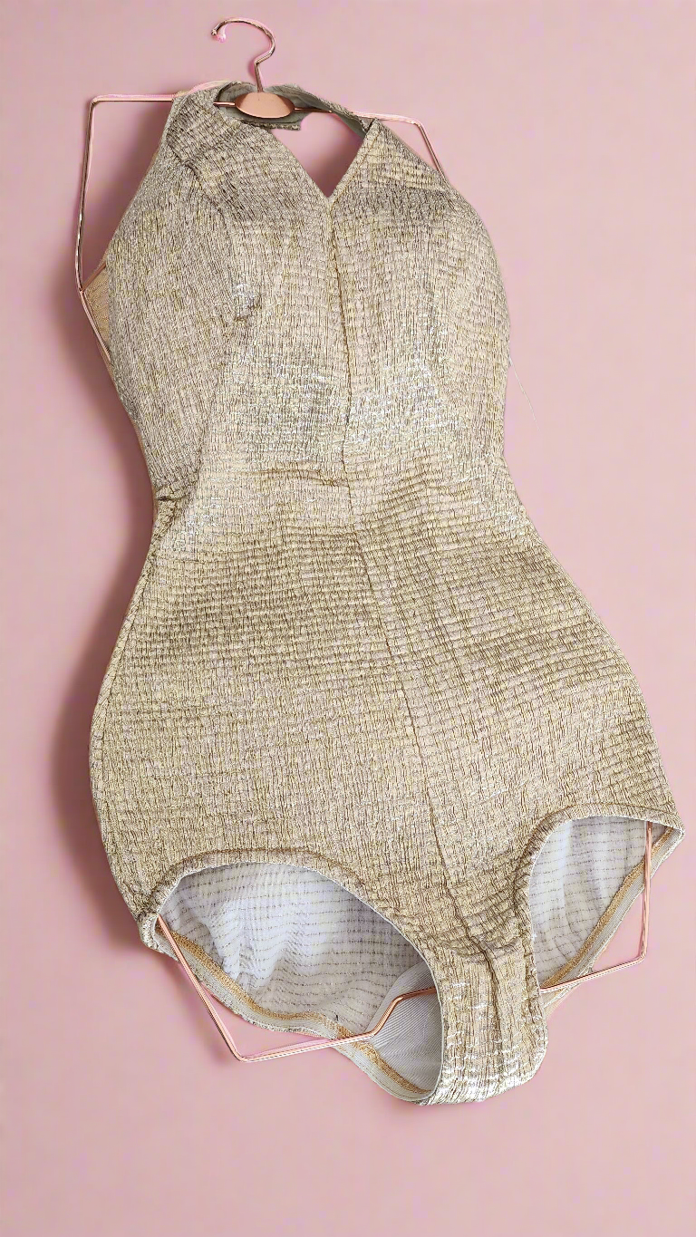 Rare Haute Couture Collection True Vintage 1950's Deadstock Gold Lamé Swimsuit Small