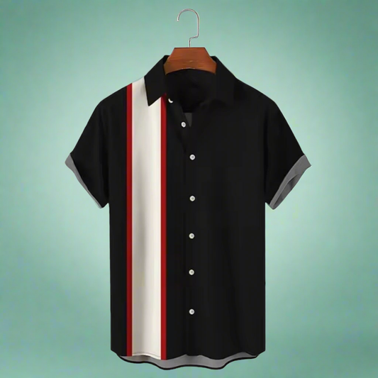 Black Striped Retro Button Up Bowling Shirt