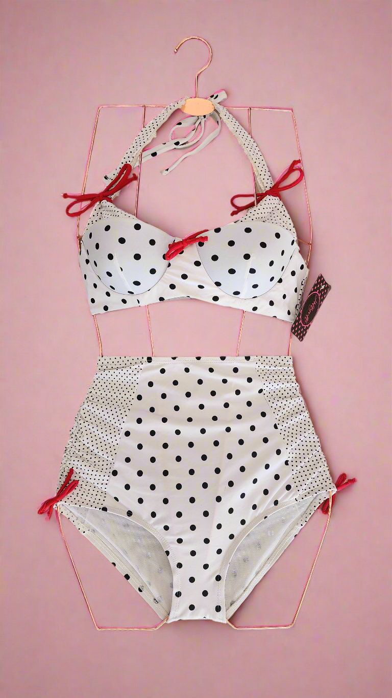 Retro White with Black Polkadot Two Piece Swimsuit by Unique Vintage