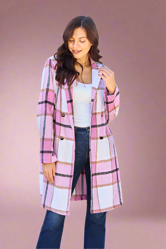 Double Take Full Size Plaid Button Up Lapel Collar Coat