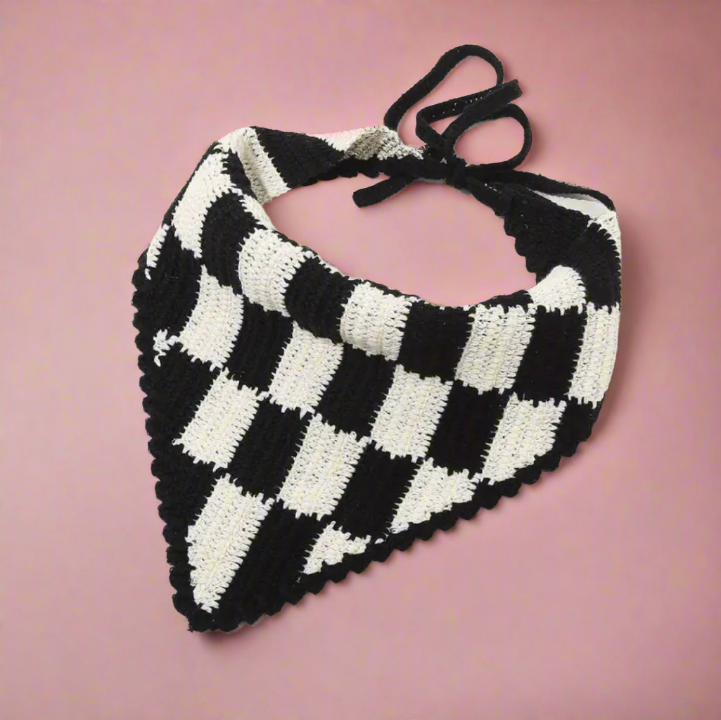 Crocheted Checkered Black and White Hair Scarf