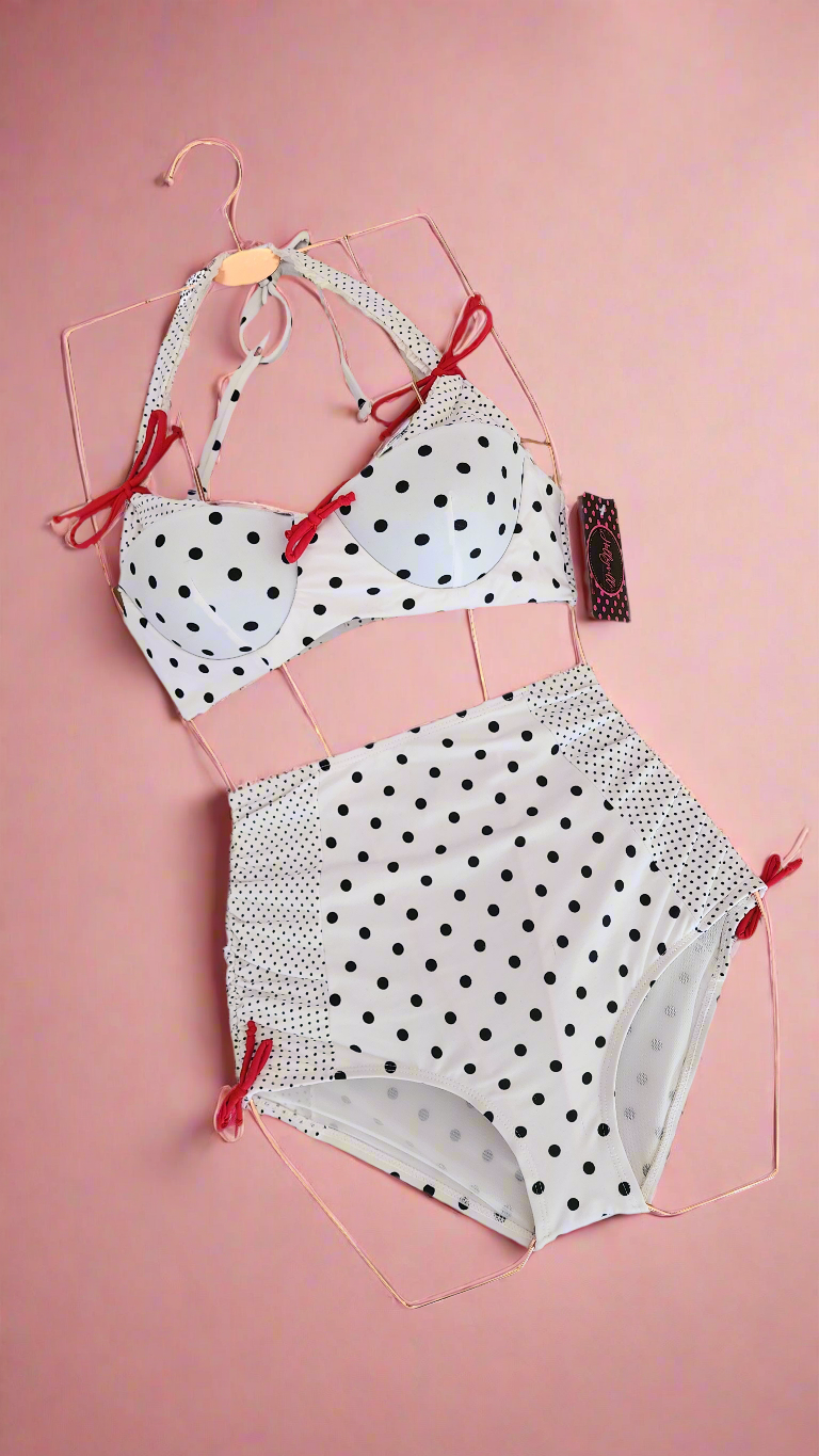 Retro White with Black Polkadot Two Piece Swimsuit by Unique Vintage