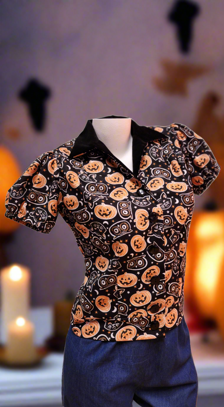 A one of a kind Halloween cotton print shirt with pumpkins, cats, and owls with a velvet collar by Hollyville