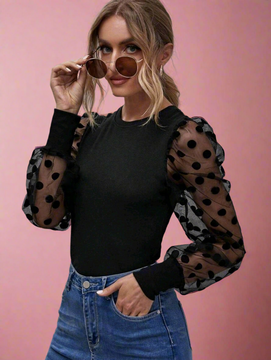 Polka Dot Mesh Sleeve Top in Black