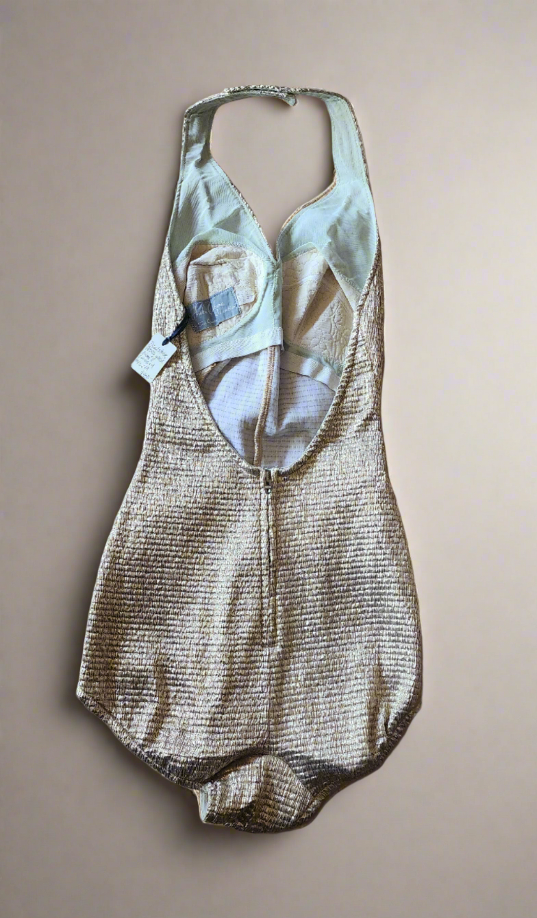 Rare Haute Couture Collection Vintage 1950's Deadstock Gold Lamé Swimsuit Small