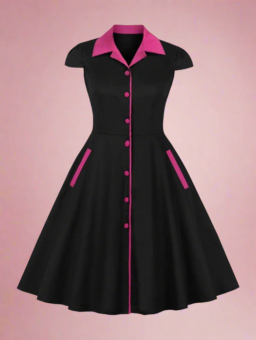 Retro Colorblock Pinup Bowling Button Up Shirt Dress Pink / XXLarge (16)