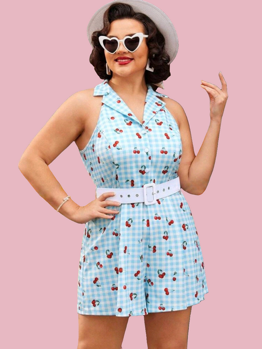 Gingham Cherry Print Romper