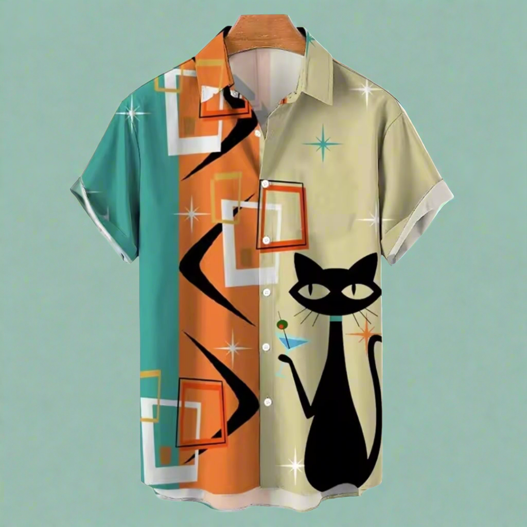 Retro Martini Atomic Cat Print Button Up Shirt
