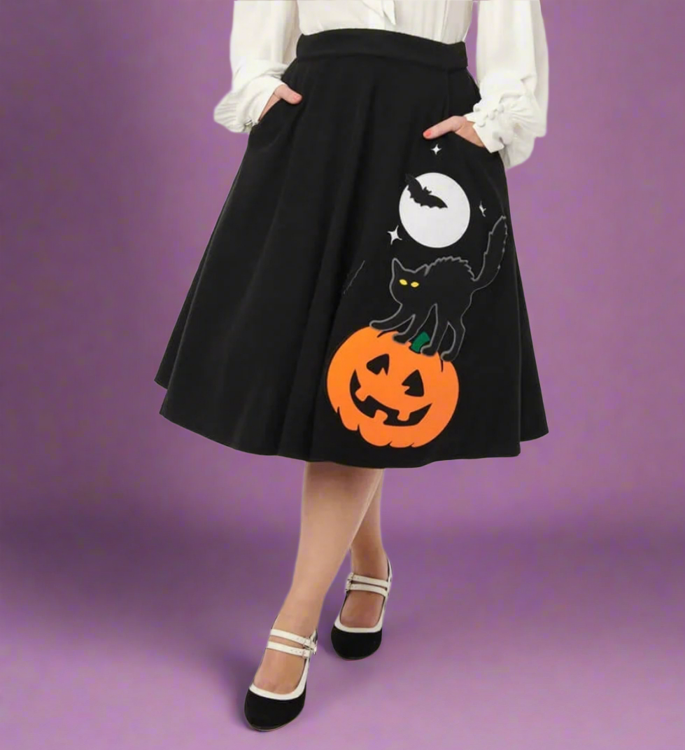 Halloween Black Cat Spooky Pumpkin Knit Print Skirt